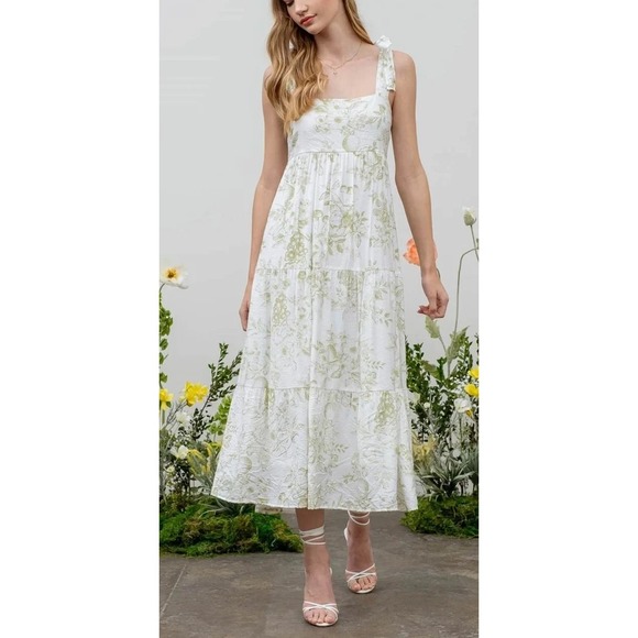 By The River Dresses & Skirts - by the River Fruit Blossom Tiered Midi Dress Green Toile Floral Crinkle Large